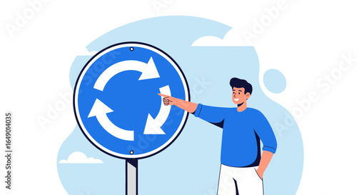 Man Showing A Roundabout Road Sign For Driving Awareness Program