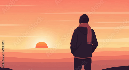 Man Silhouette Watching Scenic Colorful Sunset Landscape Art Illustration