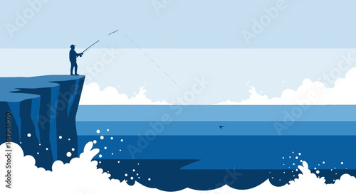 Man Silhouette Fishing Rod Standing On Coastal Cliff Above Sea Waters