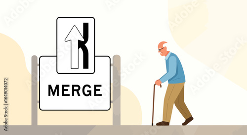 Metaphorical Merge Road Sign Showing An Old Man Thinking About Combining Life