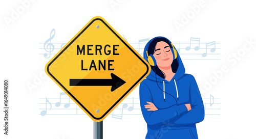 Merging Worlds Road Sign And Music Girl Enjoying Tunes For Creative Concept