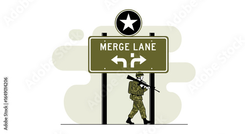 Military Man Near Sign With Directions Represents Decision Crossroads