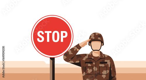 Military Obedience Soldier Saluting Beside Red Stop Sign Vector Illustration