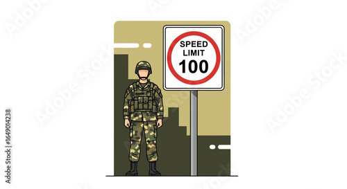 Military Personnel Standing Next To A Speed Limit Sign On Patrol Duty Illustration
