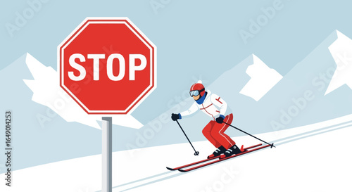 Man Skiing Near Stop Sign Illustrative Vector On Snowy Mountain Slope