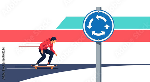 Man Skateboarding Near The Blue Roundabout Sign On The City Road Scene