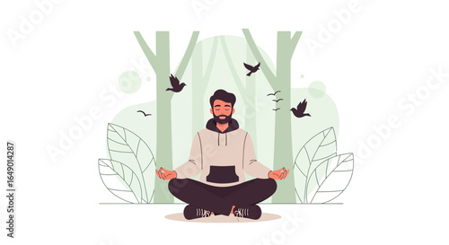 Mindful Man Meditating In A Serene Forest Setting For Well Being Practices