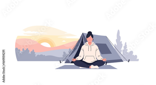 Mindful Camping Experience Woman Practices Yoga Meditation By Her Tent At Sunrise