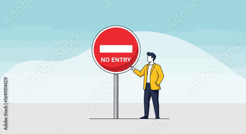 Man Stands Beside No Entry Sign Illustrating Concept of Restriction Prohibited Area