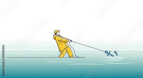 Man Struggles With Anchor Illustration Emphasizing Effort And Nautical Theme