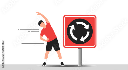 Man Stretching Near Traffic Sign Showing A Circular Intersection Road Feature