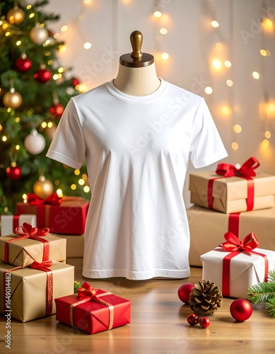Ultra-realistic white t-shirt mockup on a mannequin, surrounded by wrapped Christmas presents and a festive decorated tree.