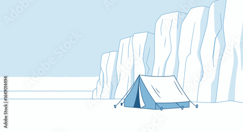 Minimalist arctic landscape featuring a tent nestled against towering ice cliffs