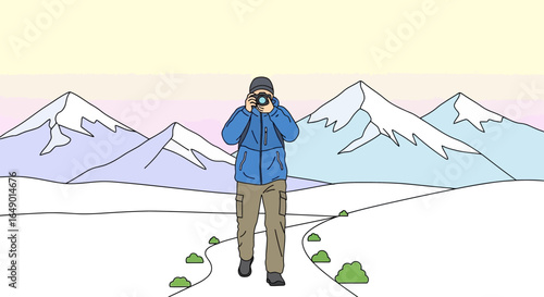 Man Taking Pictures In The Mountains In Winter Scenery Digital Painting