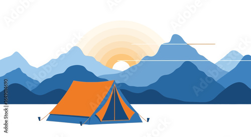 Minimalist camping illustration with mountains, tent and sun providing a peaceful adventure atmosphere