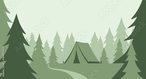 Minimalist camping scene with a tent in the forest surrounded by pine trees and path