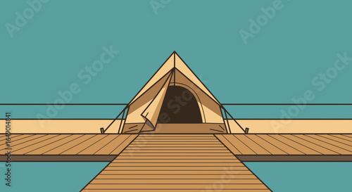 Minimalist Camping Scene Tent On A Dock At The Lake In Summer
