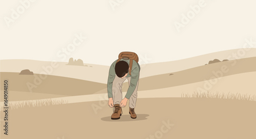 Man Tying Hiking Boots Preparing For Trekking in Desert Landscape Journey