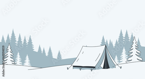 Minimalist camping scene with tent and coniferous trees in a serene forest landscape