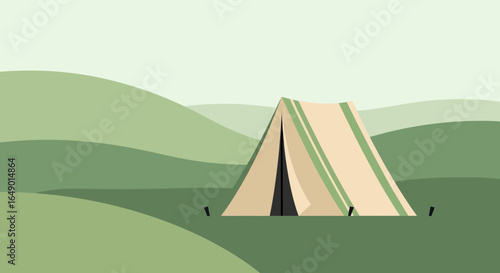 Minimalist camping scene with a tent nestled among rolling green hills landscape scenery