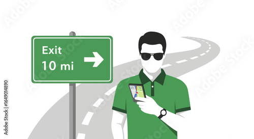 Man Using Digital Navigation Near an Exit Sign on a Fictional Road
