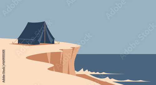 Minimalist Camping Tent Atop Cliff Overlooking Sea Vector Illustration