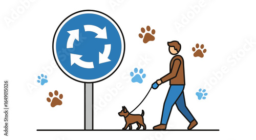 Man Walking a Dog Near a Roundabout Road Sign Pet Friendly Zone
