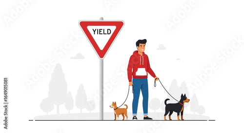 Man Walking Dogs Near Traffic Sign On The Street On Weekend