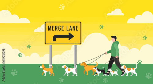 Man Walking Dogs On Leashes Near Merge Lane Sign In Park Illustration
