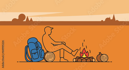 Man Warming Himself By The Campfire Sitting On A Log After A Hike
