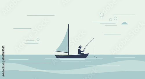 Minimalist Fishing Adventure At Sea In Small Boat, On Calm Ocean Waters