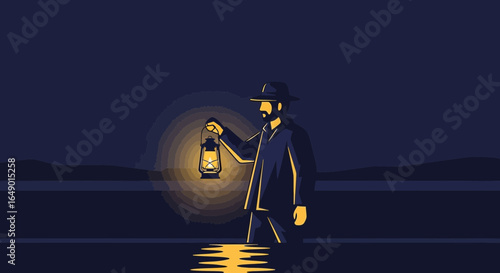 Man Wandering Through Dark Waters Guided By The Glow Of A Lantern