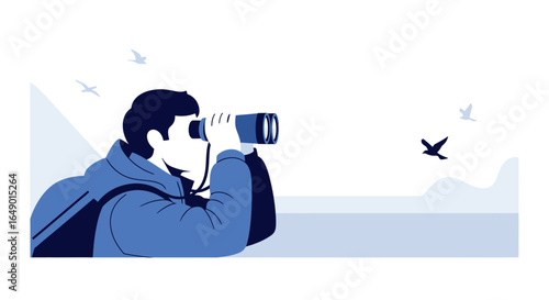 Man Watching Birds With Binoculars Birdwatching Activity In Nature
