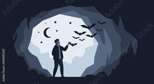 Man Watching Bats Fly From Cave On A Starry Night Adventure