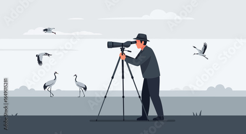 Man Watching Cranes Through Telescope With Tripod, Illustration Style