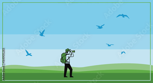 Man Watching Birds With Binoculars Outdoor Minimalist Vector Illustration