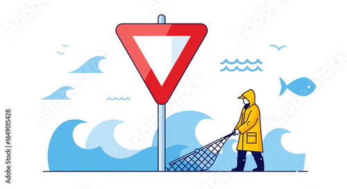 Minimalist Graphic Of A Fisherman Near A Triangular Yield Sign In The Sea