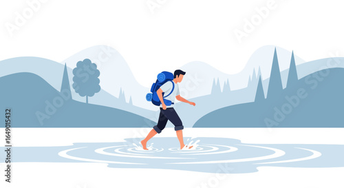 Man with a backpack crossing a river, vector illustration of travel and adventure in the nature with mountain background, outdoor activity