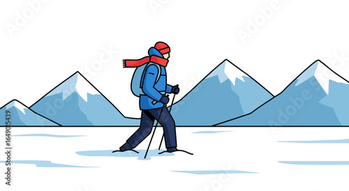Man Winter Trekking Through Snowy Mountains With Backpack And Trekking Poles