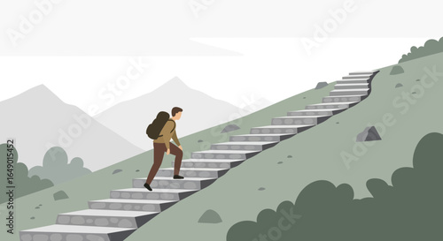 Man With Backpack Ascending Mountain Stairway Towards Personal Success