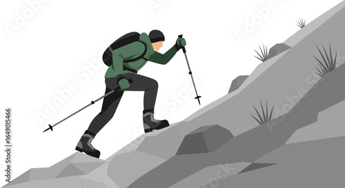 Man With Backpack Ascending Rocky Hill With Hiking Poles Illustration