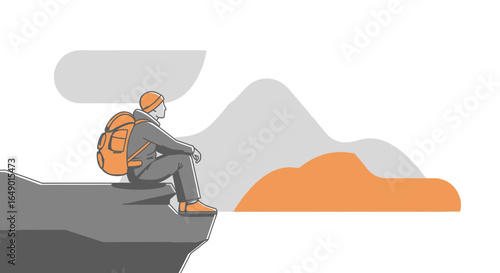 Minimalist hiker illustration contemplating the mountain landscape from a cliff top destination
