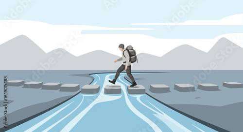Man With Backpack Carefully Crossing River on Stepping Stones in Mountain Scenery