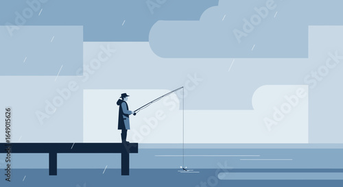 Minimalist illustration of a fisherman fishing on a pier in the rain with abstract clouds
