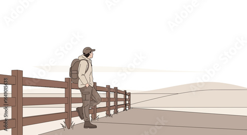 Man With Backpack Leaning On Fence And Looking At The Landscape