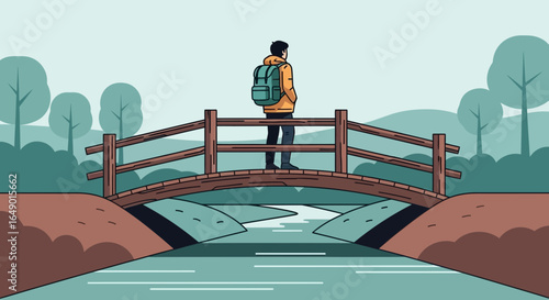 Man With Backpack Standing On Wooden Bridge In Nature Scenery Illustration