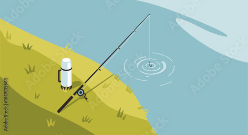 Minimalist illustration of a fishing rod and thermos by the water symbolizing outdoor recreational activities and relaxation