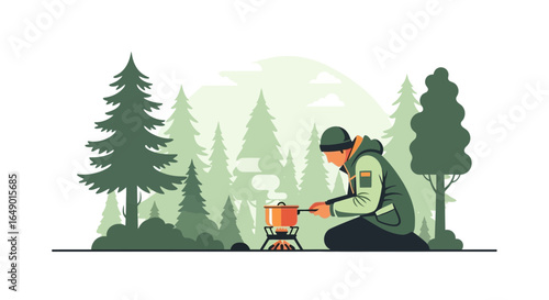 Minimalist illustration of a hiker cooking in a forest offering peacefulness and solitude
