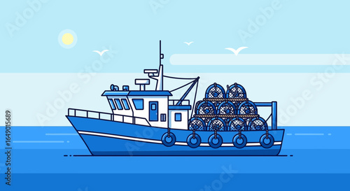 Minimalist Illustration Of A Fishing Boat At Sea On Bright Sunny Day