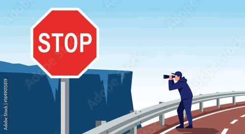 Man With Binoculars Looking From The Edge With a Stop Sign Illustration